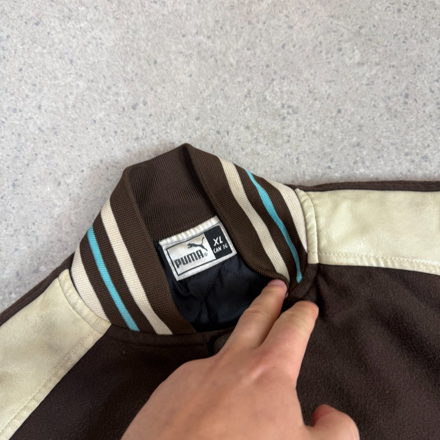 Puma Vintage Varsity Jacket Medium Brown and Cream Wool Leather