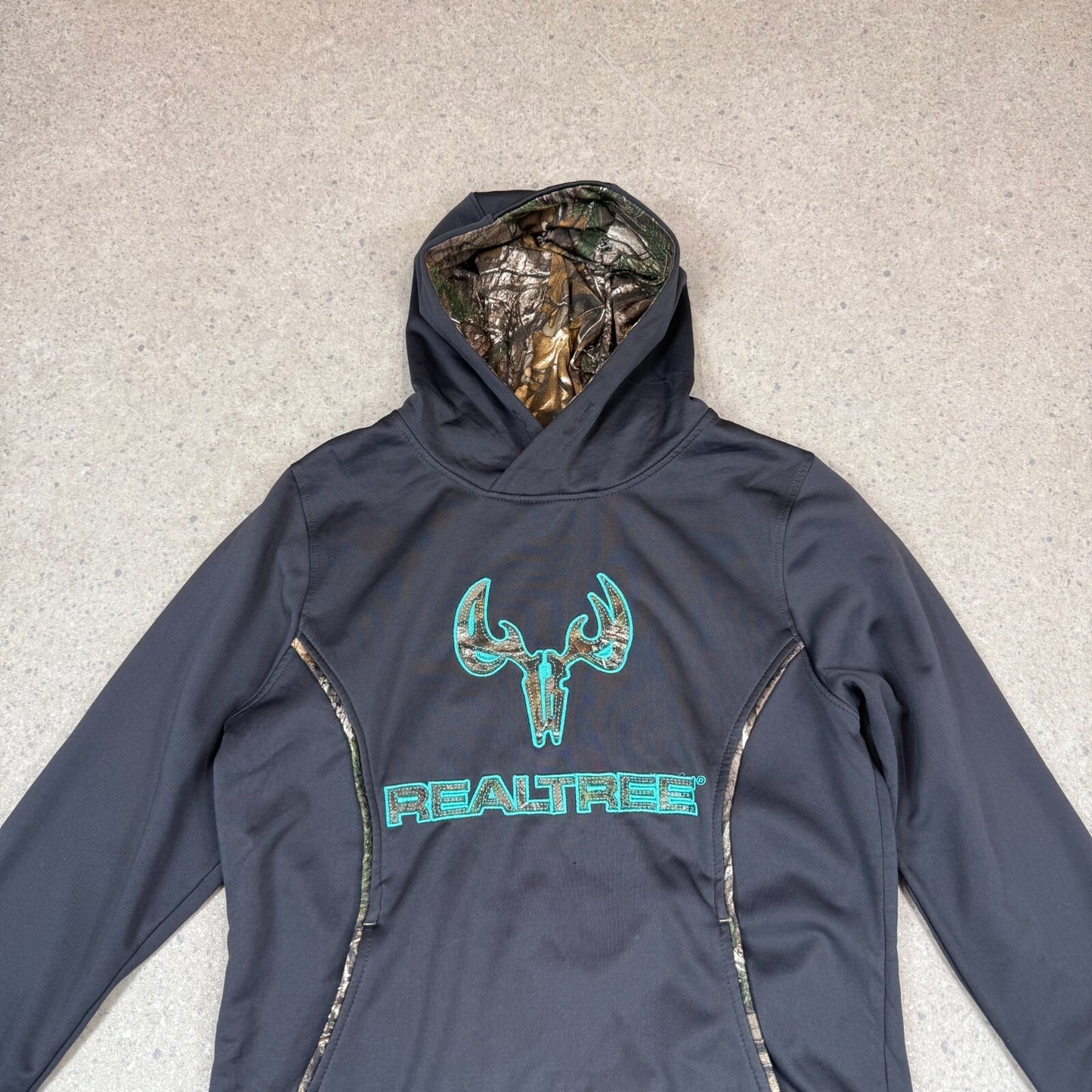 Real Tree Hoodie Small Embroidered Logo Black Grey Hooded