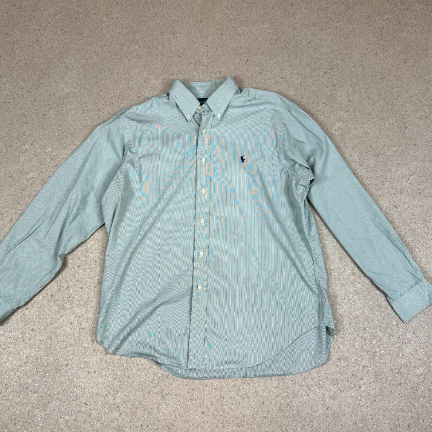 Ralph Lauren Striped Shirt Large Green White Colourway Embroidered Logo 17” Neck