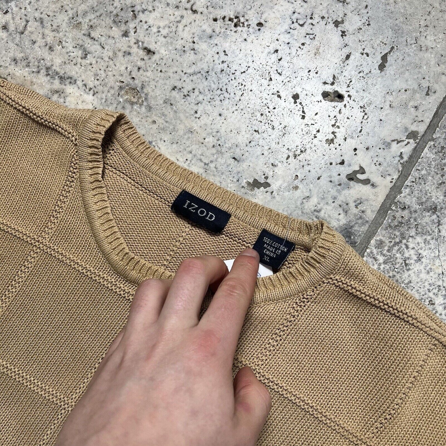 Izod Knit Jumper Beige Check , Mens , XL