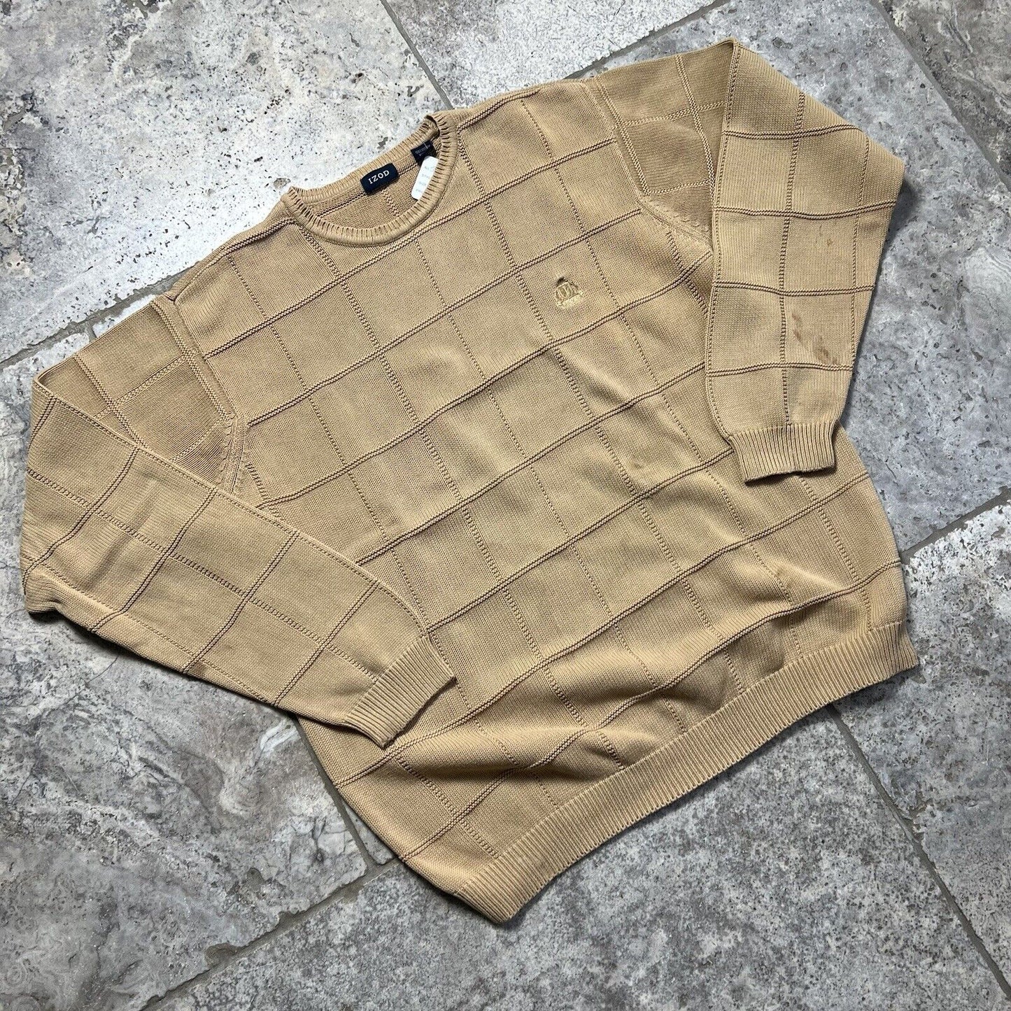 Izod Knit Jumper Beige Check , Mens , XL