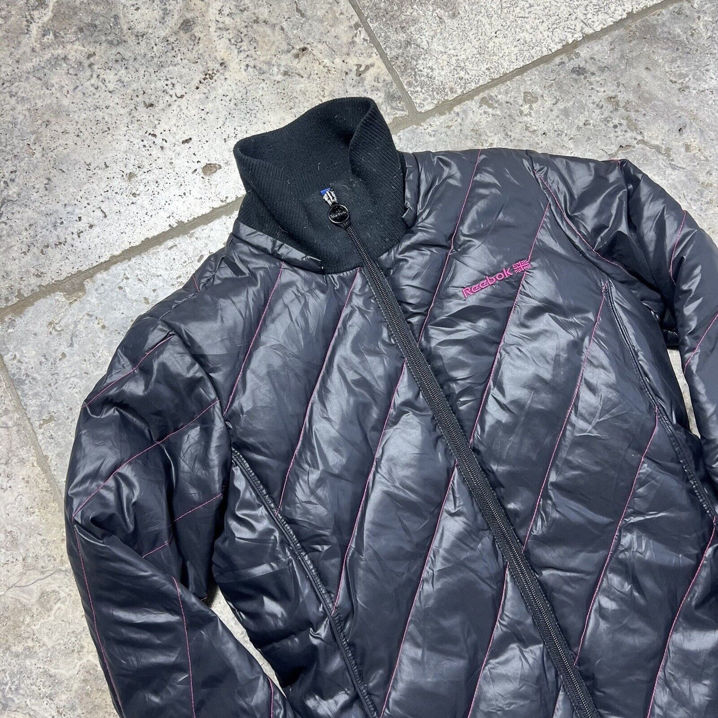 Reebok Puffer Jacket Vintage High Neck Sports Coat, Black, Womens Small