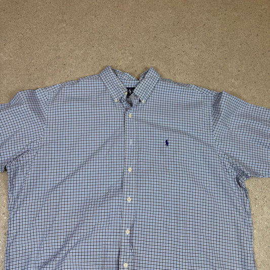 Ralph Lauren Check Shirt 2XL Short Sleeves Blue Embroidered Logo