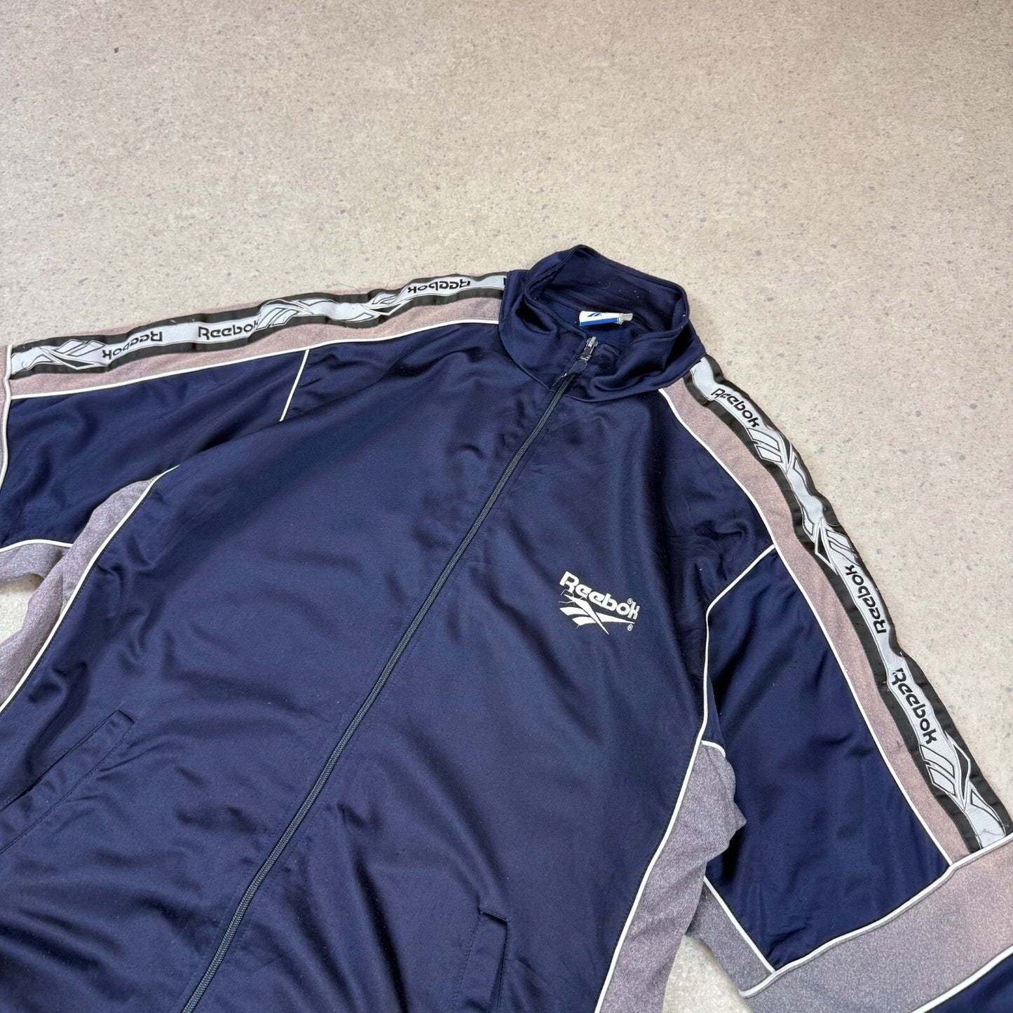Reebok Track Top XL Y2K Navy Tan Activewear Athletic Jacket Zip Up