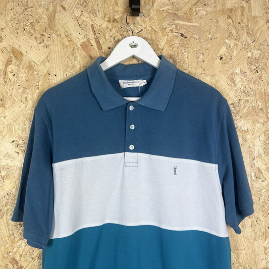 YVES SAINT LAURENT Mens Polo Shirt Stripe Blue White Size L/XL