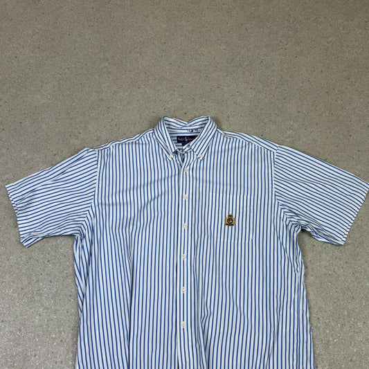 Ralph Lauren Shirt XL Blue White Striped Embroidered Logo Short Sleeve
