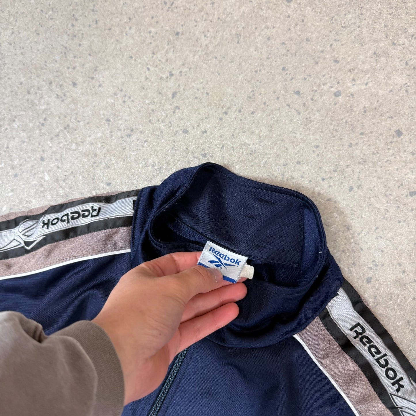 Reebok Track Top XL Y2K Navy Tan Activewear Athletic Jacket Zip Up