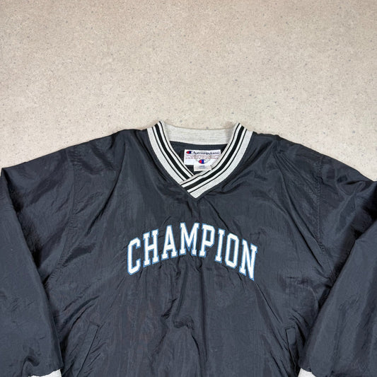 Champion Windbreaker Large Black Pulllover Fully Embroidered V Neck