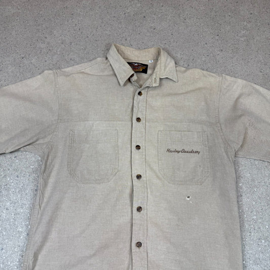 Harley Davidson Shirt Medium Beige Embroidered Logo Cropped Fit Oversized Fit