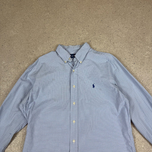 Ralph Lauren Shirt 16” Blue Check Embroidered Logo Button Down Long Sleeve