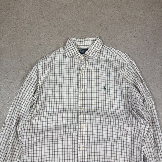 Ralph Lauren Shirt Large Classic Fit Cream Green Brown Check Long Sleeve