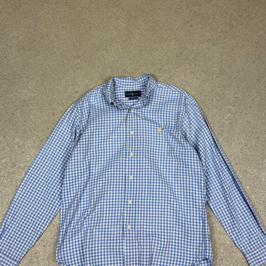 Ralph Lauren Check Shirt Medium Blue White Embroidered Logo Long Sleeve