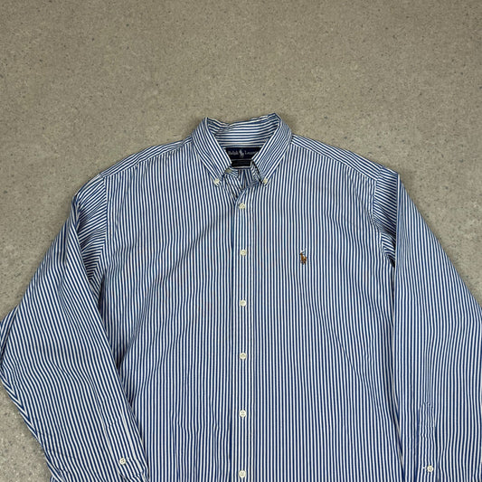 Ralph Lauren Yarmouth Shirt Large Blue White Striped Embroidered Logo