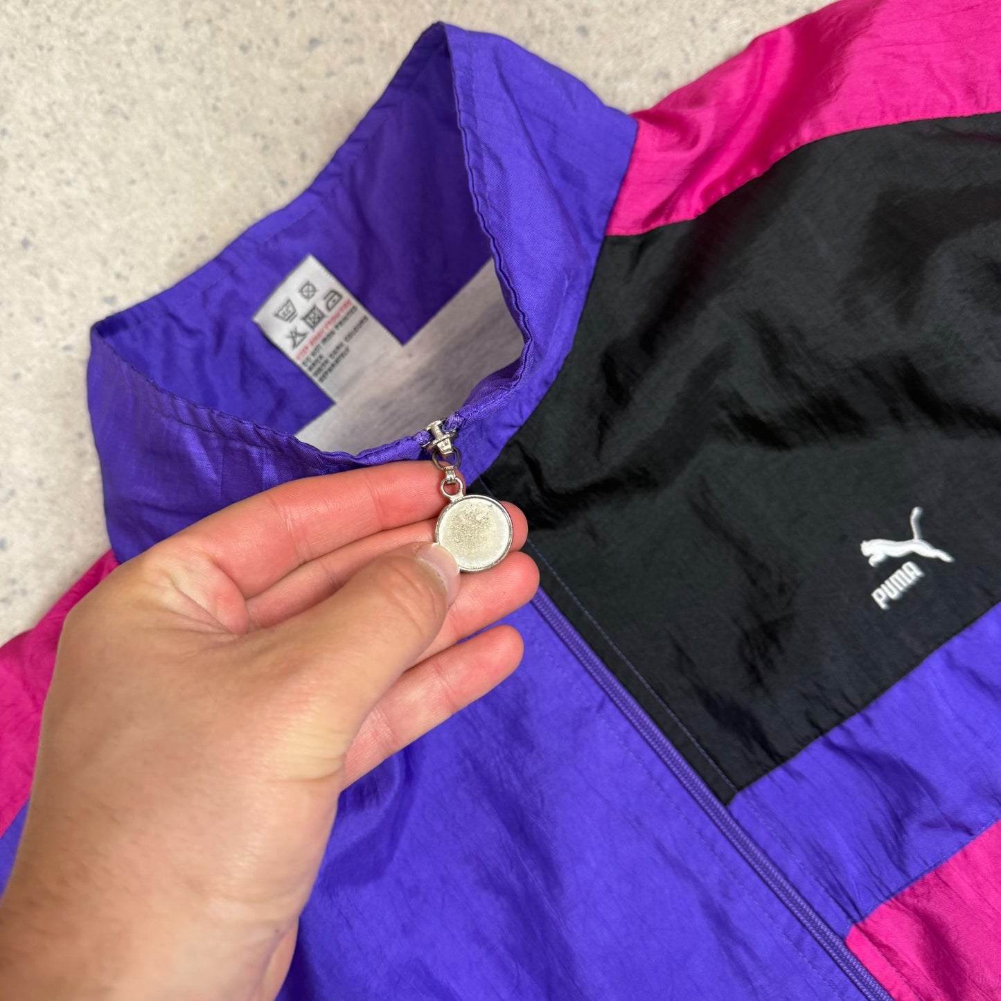 Puma Windbreaker Jacket XL Black Purple 90s Logo Zip Up Boxy Fit