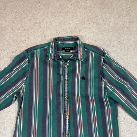 Urban Outfitters Shirt Medium Green Stripe Button Up Embroidered Logo