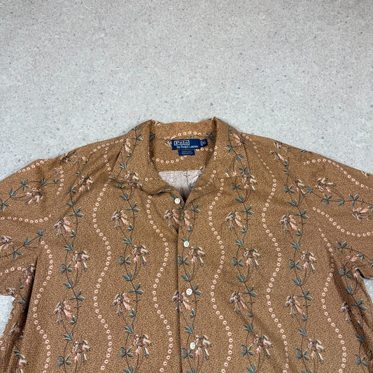 Ralph Lauren Shirt XL Brown Summer Short Sleeve Tropical Print Rare