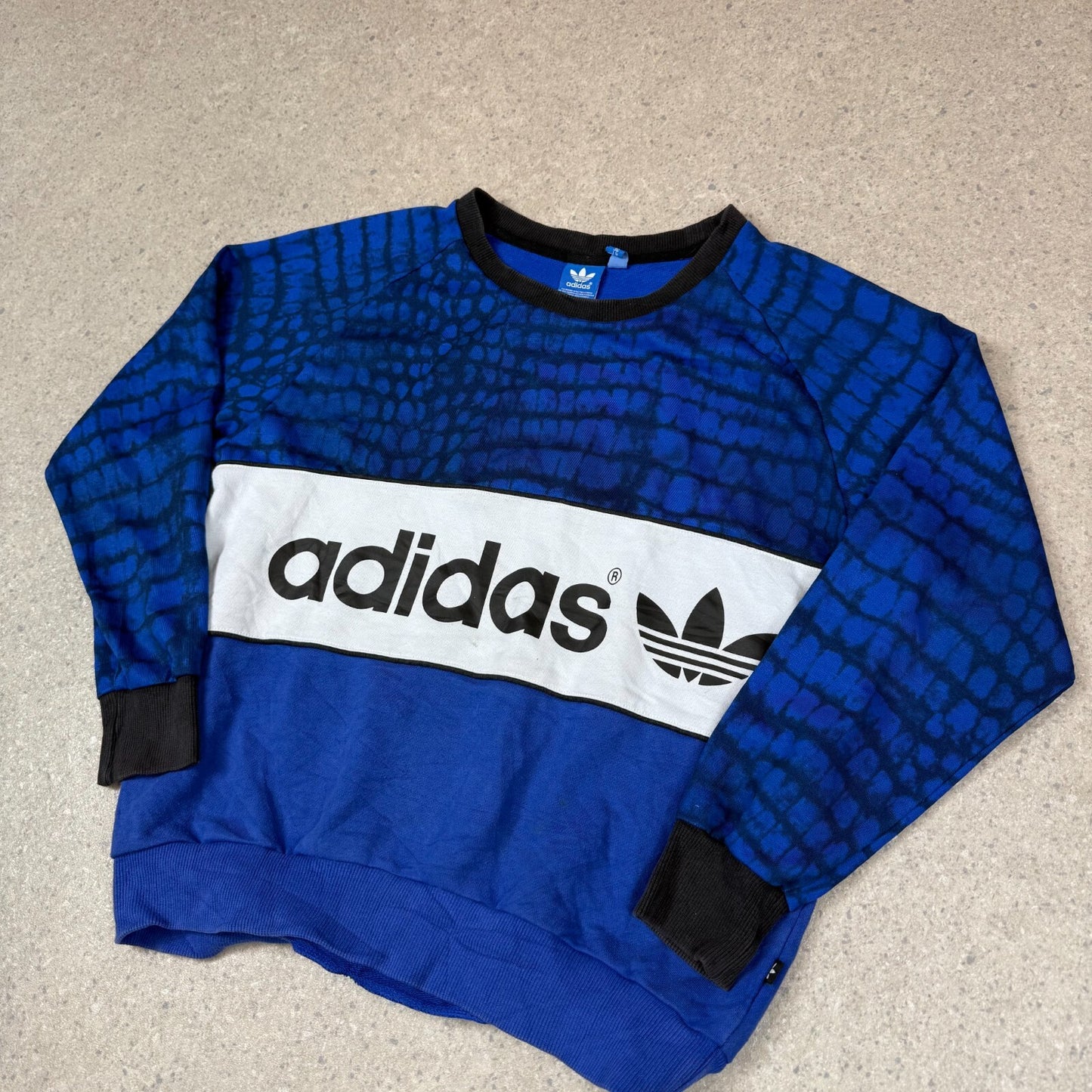 Adidas Sweatshirt Medium Blue Black Boxy Fit Sweater Raglan Sleeve Spellout