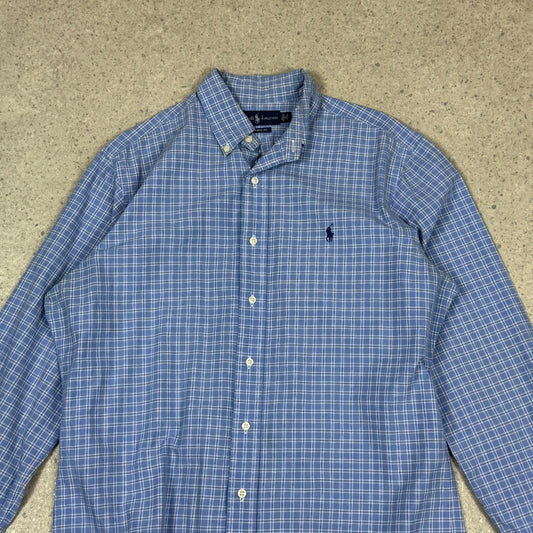 Ralph Lauren Check Shirt Large  Blue 16” Collar Embroidered Logo Check
