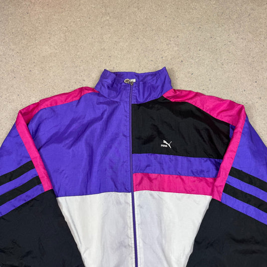 Puma Windbreaker Jacket XL Black Purple 90s Logo Zip Up Boxy Fit