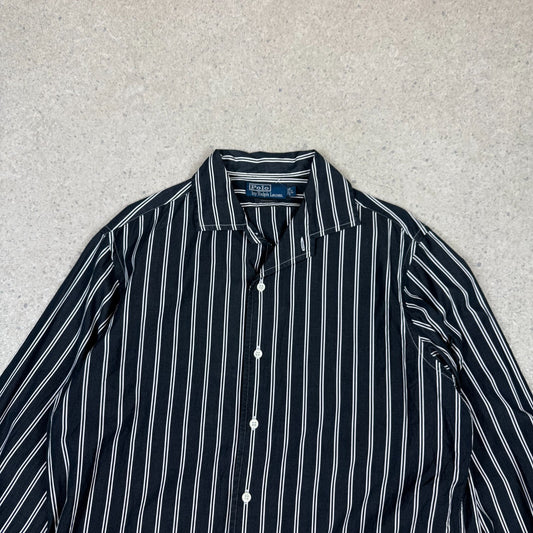 Ralph Lauren Shirt Large Black White Striped Custom Fit Long Sleeve