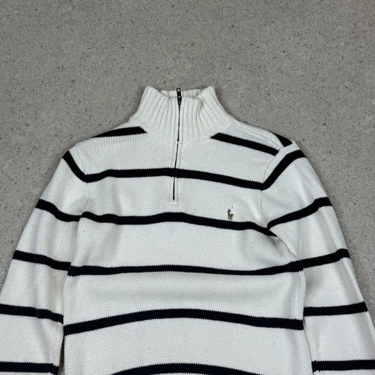 Ralph Lauren 1/4 Zip Jumper XS Cream Navy Striped Embroidered Logo