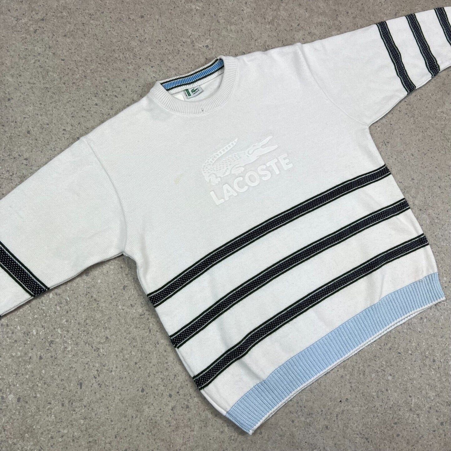 Lacoste Knit Sweater Mens White Black Striped Pullover Long Sleeve - small