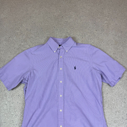 Ralph Lauren Shirt Medium Purple Check Embroidered Logo Short Sleeve