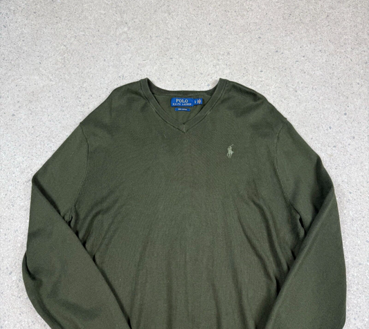 Polo Ralph Lauren V Neck Sweater Medium Khaki Green Embroidered Logo Cotton