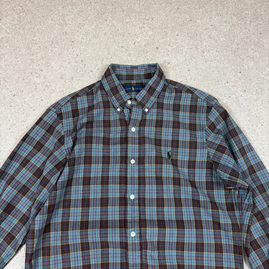 Ralph Lauren Check Shirt Medium Blue / Brown Colourway Embroidered Logo