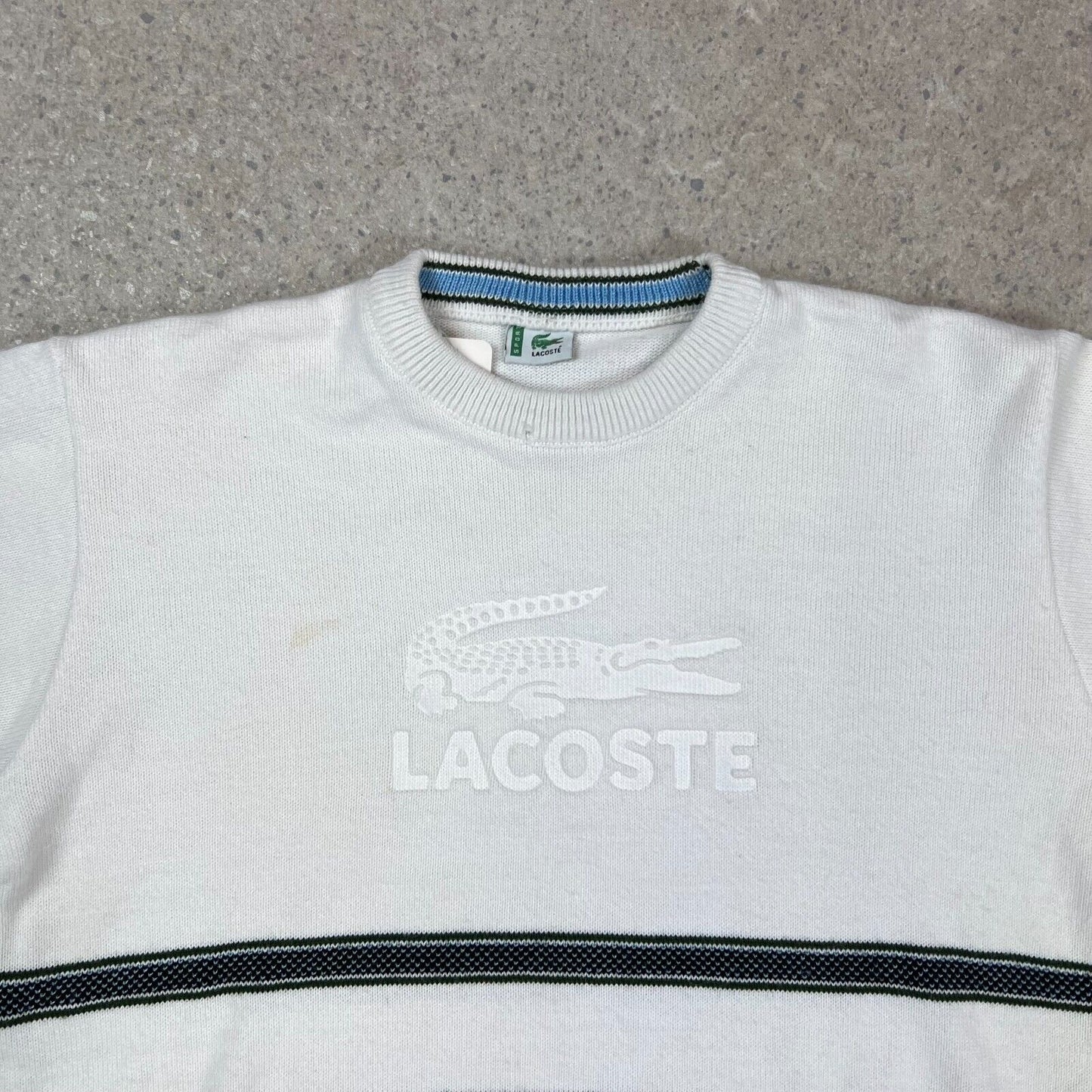 Lacoste Knit Sweater Mens White Black Striped Pullover Long Sleeve - small