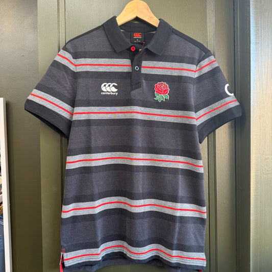 England Rugby Canterburry Polo Shirt Small Grey Black Striped Embroidered Logos