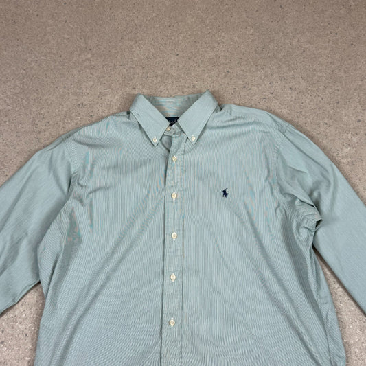 Ralph Lauren Striped Shirt Large Green White Colourway Embroidered Logo 17” Neck