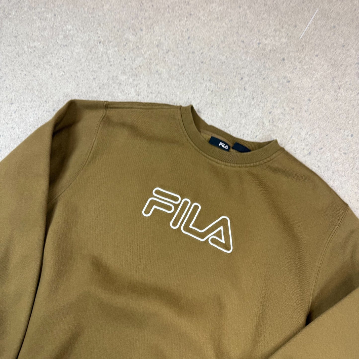 Fila Sweatshirt XL Khaki Colourway Embroidered Logo Y2K