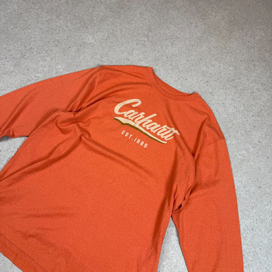 Carhartt Long Sleeve T Shirt 2XL Orange Loose Fit Spell Out Logo