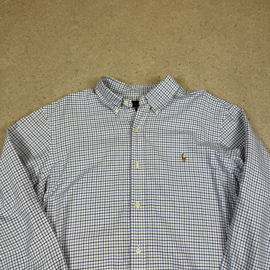 Ralph Lauren Shirt Large Blue White Check Embroidered Logo Button Down
