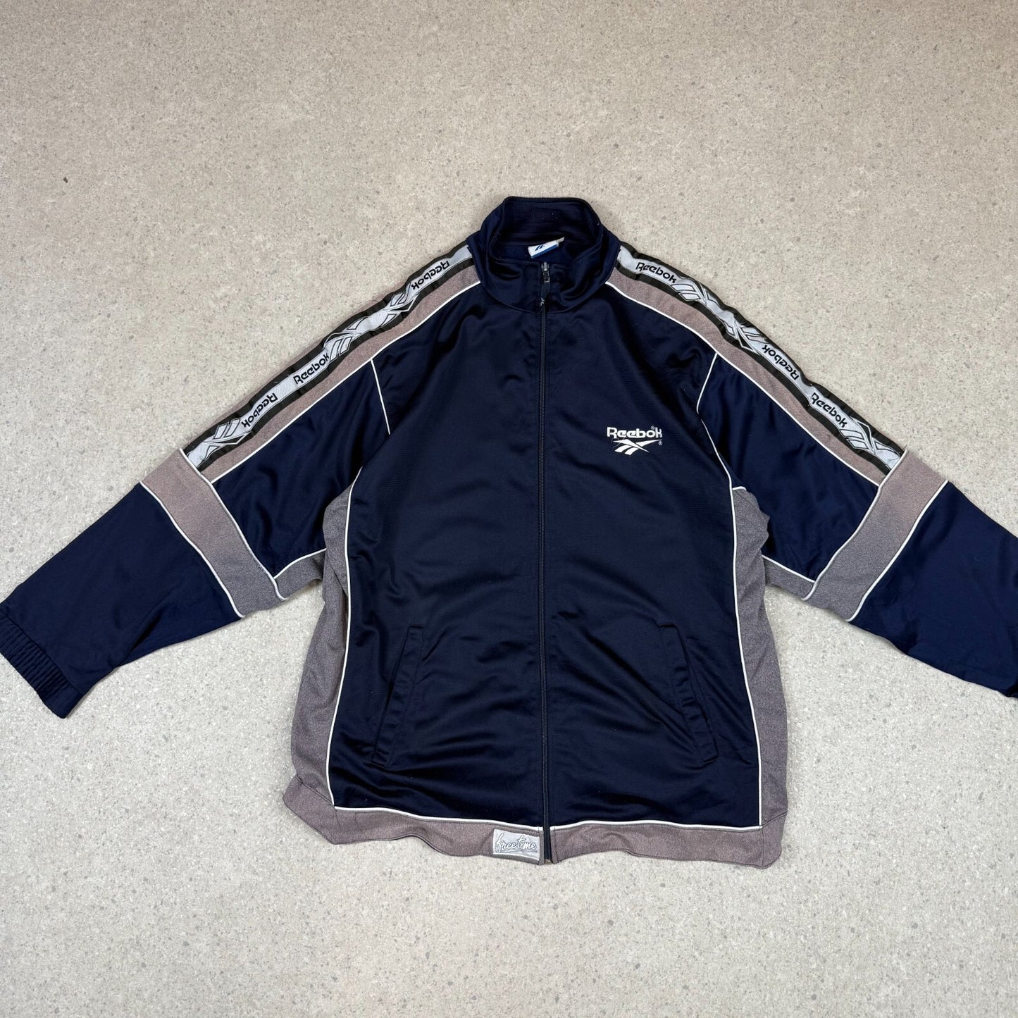 Reebok Track Top XL Y2K Navy Tan Activewear Athletic Jacket Zip Up