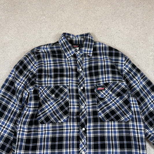 Dickies Flannel Jacket Medium Black White Padded Lined Embroidered Logo