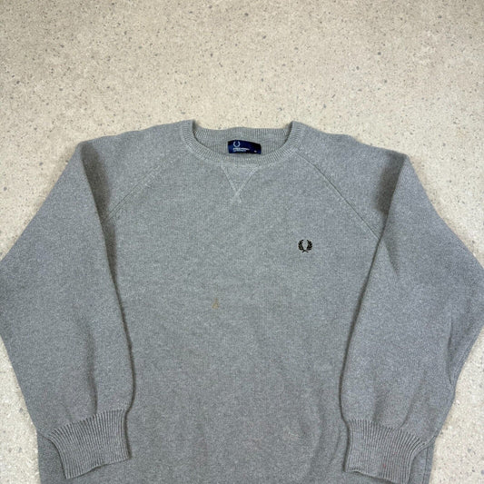 Fred Perry Sweatshirt Grey Knit Medium Thick Cotton Vintage Long Sleeve