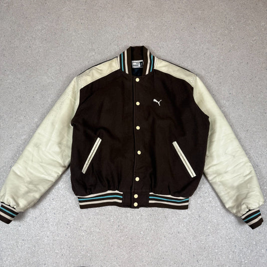 Puma Vintage Varsity Jacket Medium Brown and Cream Wool Leather
