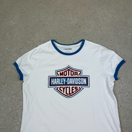 Harley Davidson Ringer T Shirt XL White Blue Motor Cycles