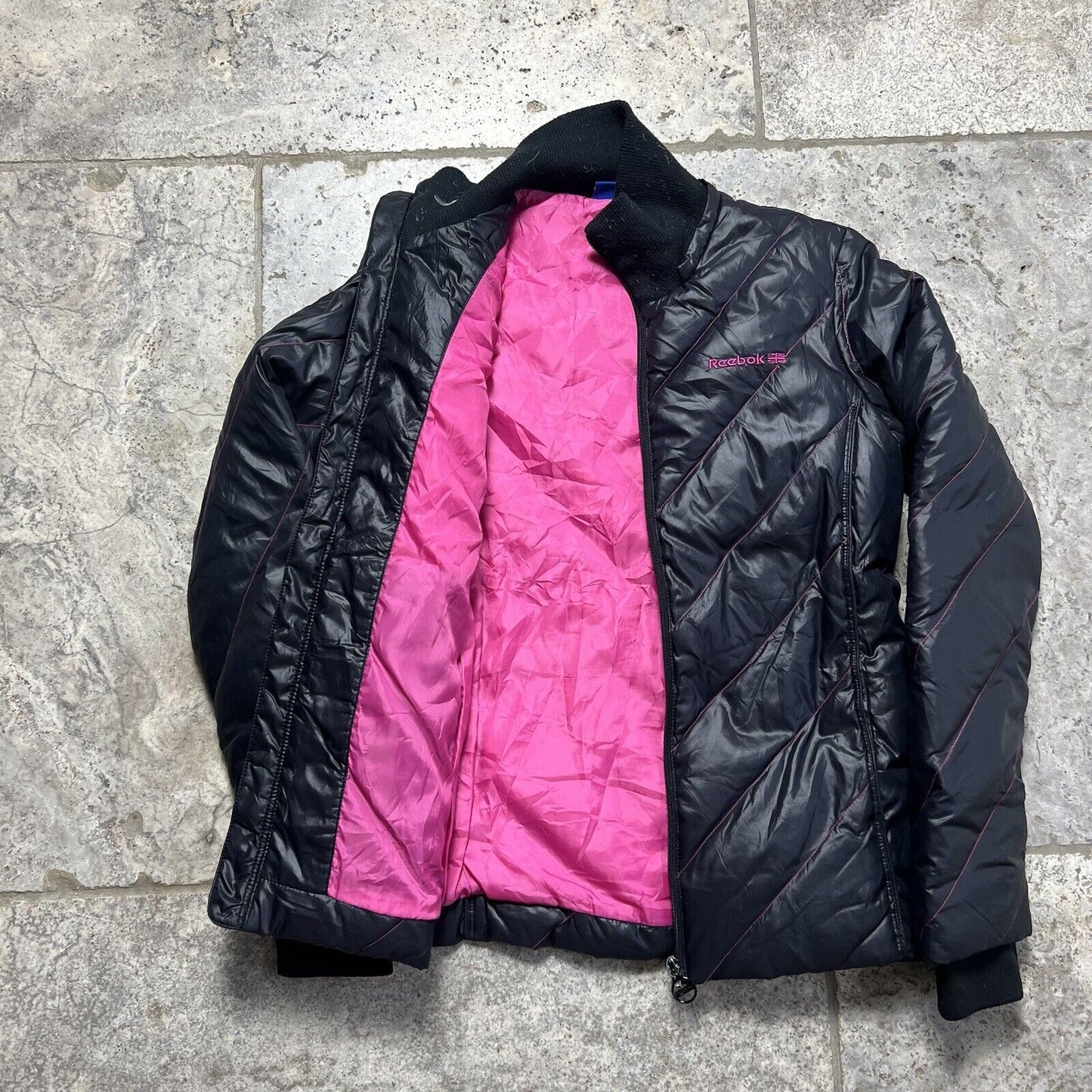 Reebok Puffer Jacket Vintage High Neck Sports Coat, Black, Womens Small