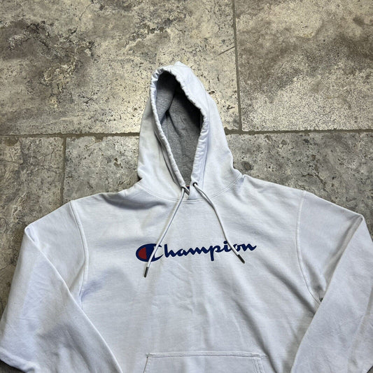 Champion Hoodie Pull Over Spellout Sports Sweatshirt, White, Mens Large