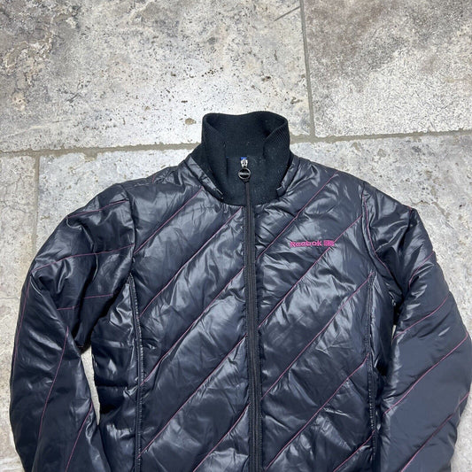 Reebok Puffer Jacket Vintage High Neck Sports Coat, Black, Womens Small